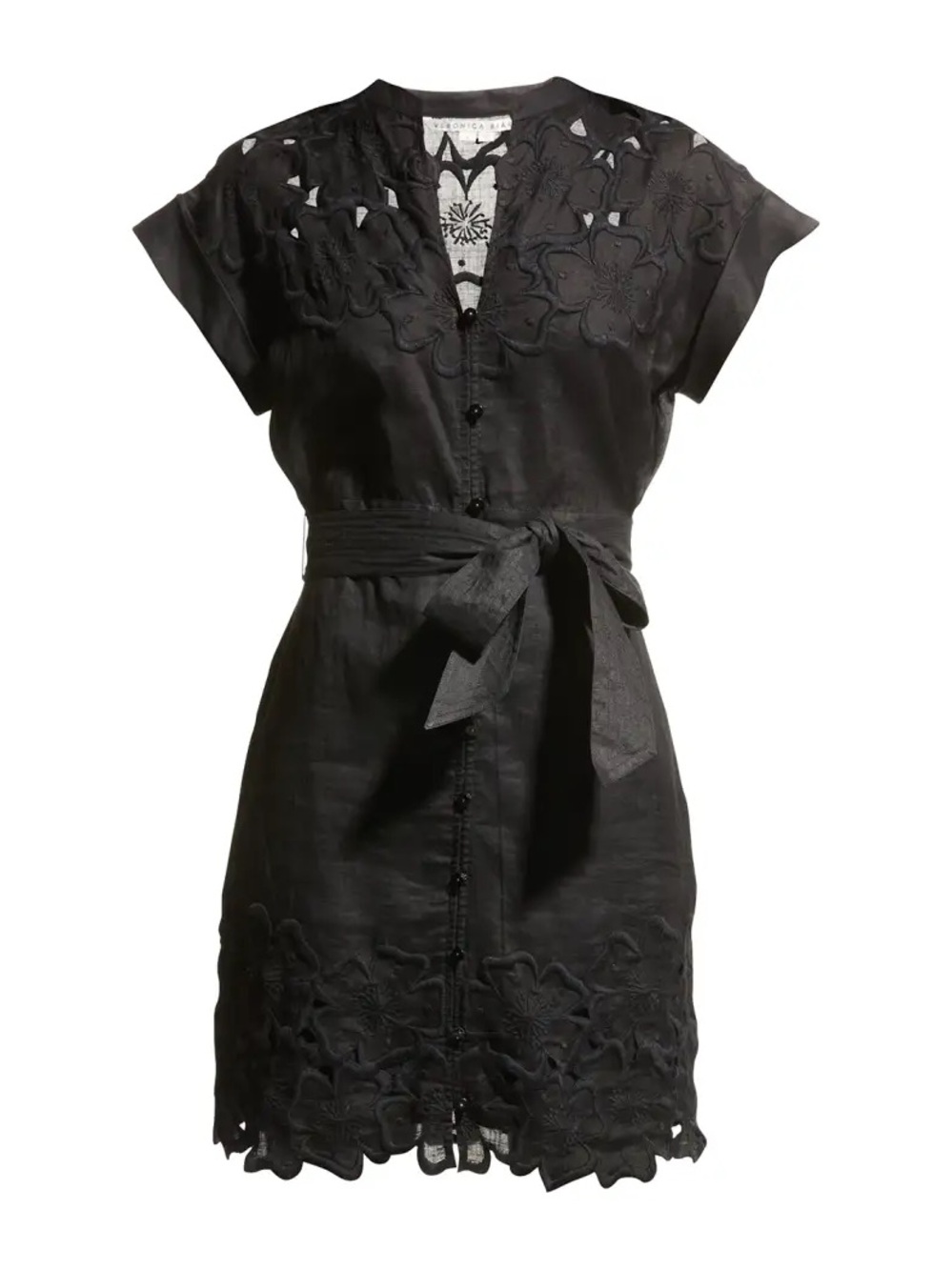 Veronica Beard Black Embroidered Tie-Waist Mini Dress
